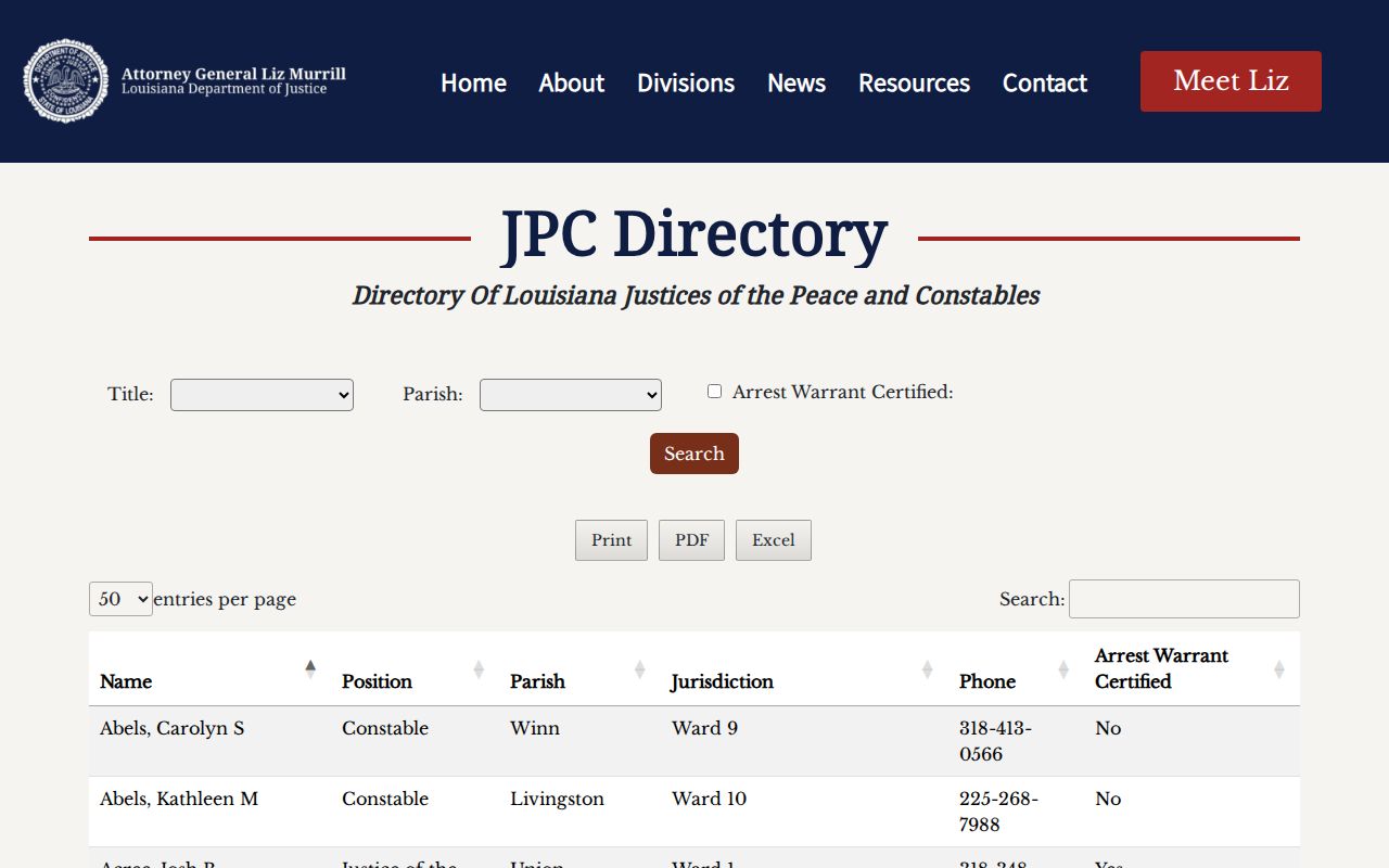 LaSalle Parish Justice of the Peace district warrant contact directory