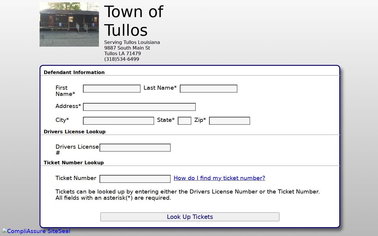 Tullos warrant and ticket lookup form showing required name and address fields