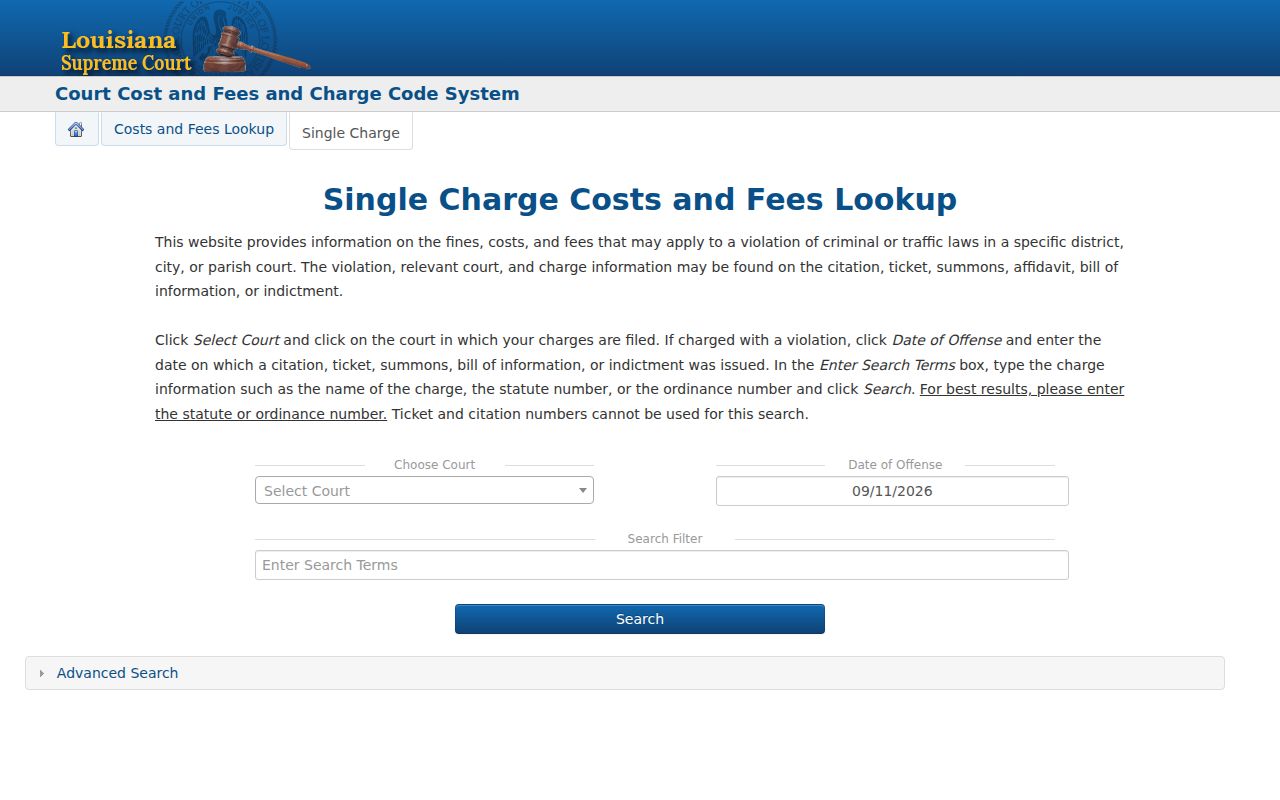 LaSalle Parish warrant search fields compared with a state court cost search form