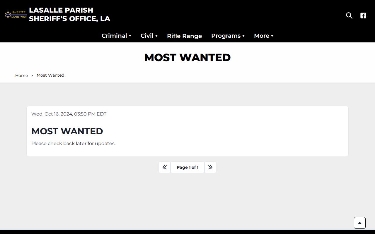 LaSalle Parish most wanted list page on the parish sheriff website